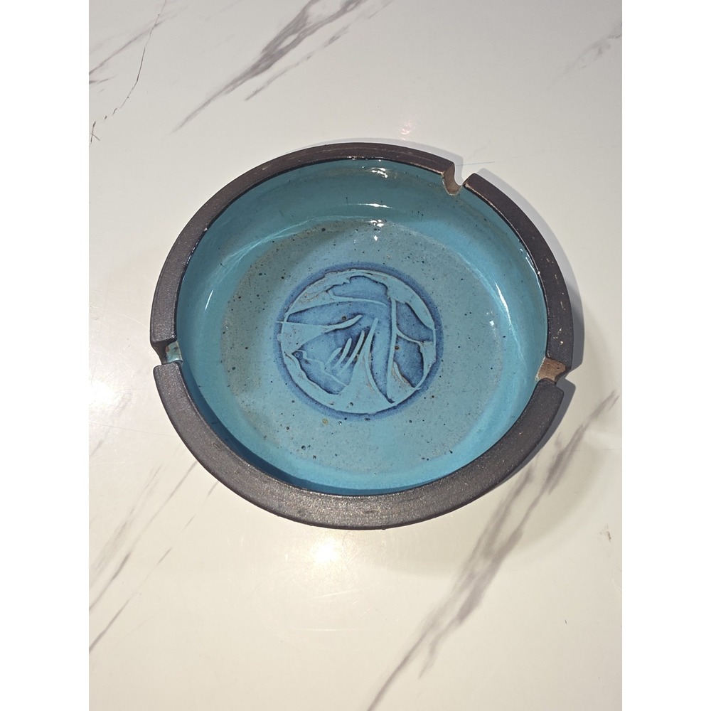 Vintage Stoneware Ashtray Teal Blue Glaze Carved Art Pottery Mid Century